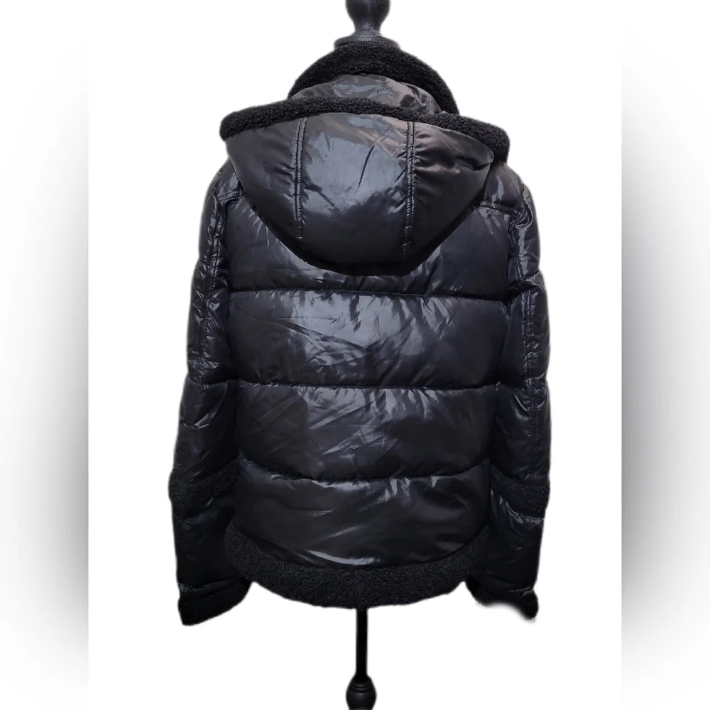 A.n.a Black Glossy Puffer Sherpa Detail Hooded Chic Cold Winter Weather Jacket